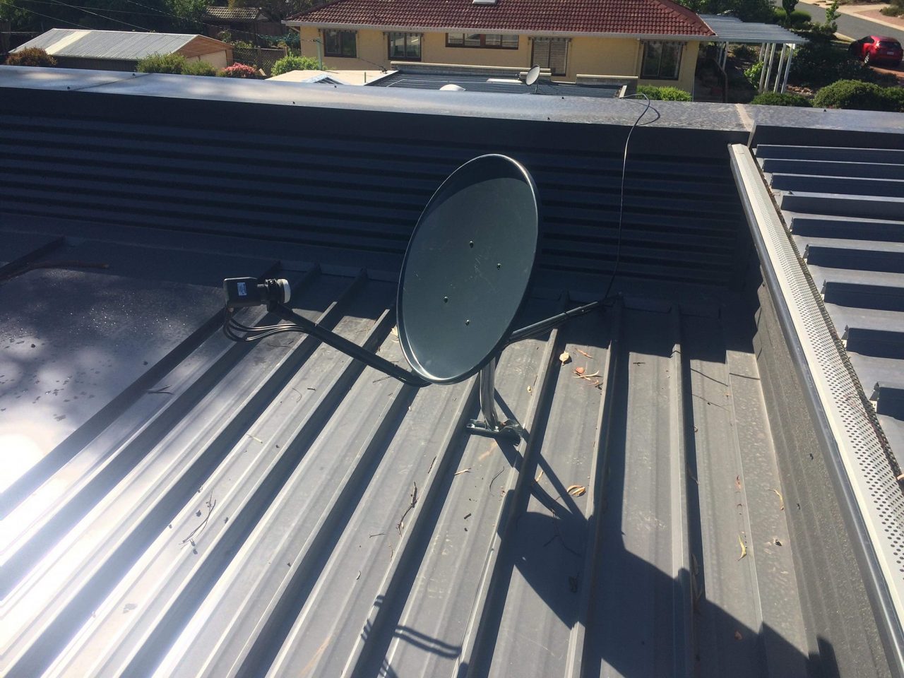 Digital TV Antenna Installation (dish) on Metal Roof by Canberra Antennas.